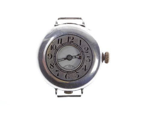 GENTLEMAN'S WWI SILVER HALF HUNTER MANUAL WIND WRIST WATCHunsigned movement, the round white enamel dial with Arabic numerals
