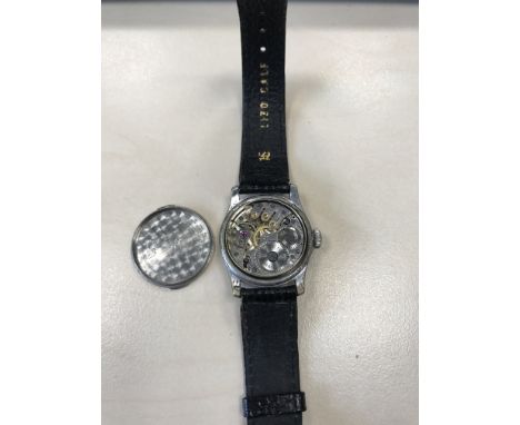 GENTLEMAN'S BUREN MILITARY STAINLESS STEEL MANUAL WIND WRIST WATCHsigned Buren Grand Prix 7 jewel movement, the round black d
