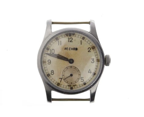 GENTLEMAN'S RECORD MILITARY ISSUE MANUAL WIND WRIST WATCH generic unsigned 15 jewel movement, the round dial with Arabic nume