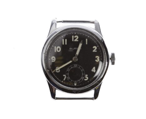 GENTLEMAN'S BUREN MILITARY ISSUE STAINLESS STEEL MANUAL WIND WRIST WATCH signed Buren Grand Prix movement, the round black di