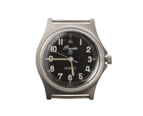 GENTLEMAN'S PRECISTA MILITARY ISSUE STAINLESS STEEL QUARTZ WRIST WATCHthe round black dial with Arabic numerals in white, lum