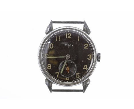GENTLEMAN'S IDEAL MILITARY ISSUE CHROME CASED MANUAL WIND WRIST WATCHthe round black dial with Arabic numerals in white, sunk