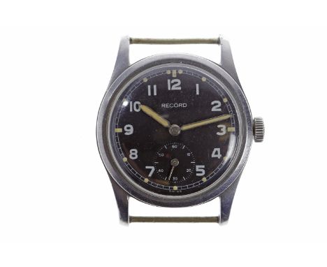 GENTLEMAN'S PARTIAL RECORD MILITARY ISSUE STAINLESS STEEL MANUAL WIND WRIST WATCH unsigned 15 jewel movement, round black Rec