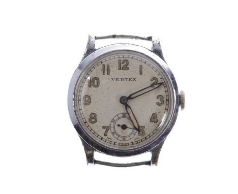 GENTLEMAN'S VERTEX MILITARY ISSUE CHROME CASED MANUAL WIND WRIST WATCHthe round white dial with luminous Arabic numerals, sun