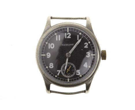 GENTLEMAN'S GLYCINE MILITARY ISSUE STAINLESS STEEL MANUAL WIND WRIST WATCH signed Glycine movement, the round black dial with