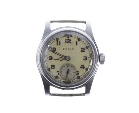 GENTLEMAN'S CYMA MILITARY ISSUE STAINLESS STEEL MANUAL WIND WRIST WATCHsigned Cyma movement, the round dial with Arabic numer