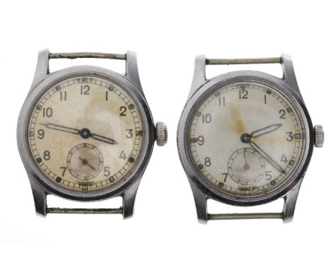 TWO GENTLEMAN'S MILITARY ISSUE STAINLESS STEEL MANUAL WIND WRIST WATCHeach with a white dial and Arabic numerals in black, lu