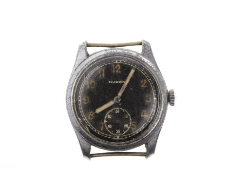 GENTLEMAN'S MILITARY ISSUE BUREN CHROME MANUAL WIND WRIST WATCHsigned Buren Grand Prix movement, the round black dial with Ar