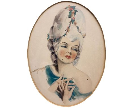 English School (Early 20th century): Stylised Portrait of Marie Antoinette, oval watercolour unsigned in French style frame 2