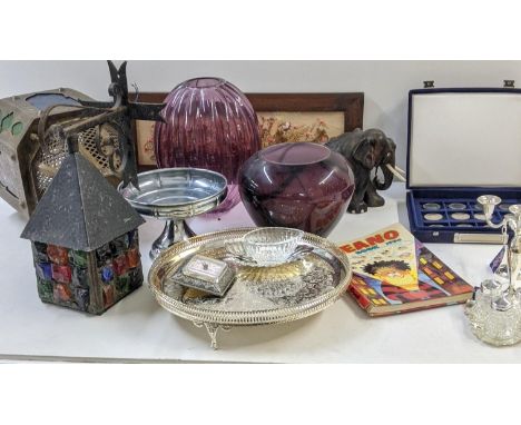 A mixed lot to include a Moroccan Moorish lantern, and one other, together with silver plated items, a treen elephant, Britis