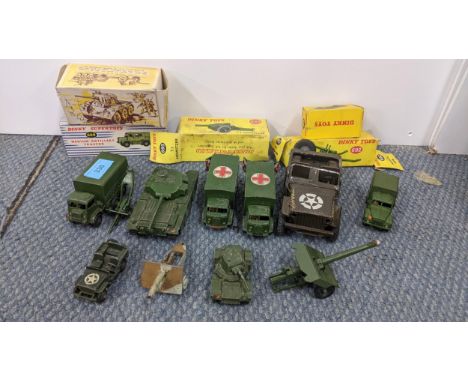 A quantity of army related Dinky toys to include Jeeps Military ambulances (626), a Centurion Tank (659), an army wagon (623)