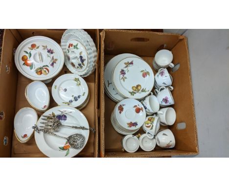 Royal Worcester Evesham pattern tableware to include plates, cups and dishes and a pair of silver plated salad serversLocatio