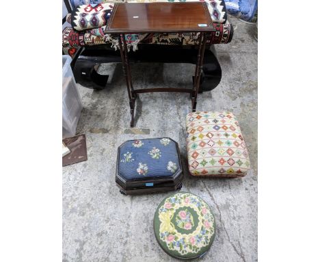 An Edwardian mahogany table from a nest of tables, and three Victorian and later stools to include a walnut inlaid and eboniz