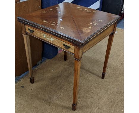 A late Victorian rosewood marquetry inlaid envelope card table having an inset drawer and on square tapering legs, 70cm h x 6