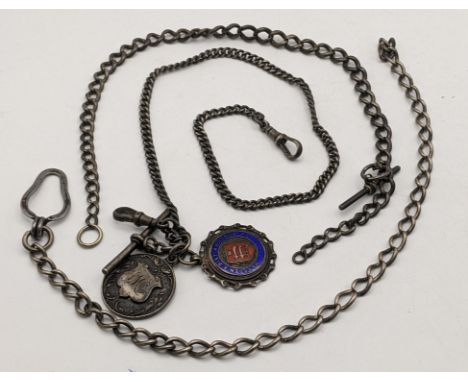 Three pocket watch chains to include an Albert silver chain with T-bar and two silver fobs, 46.5gLocation: 