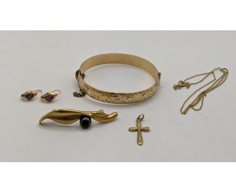A pair of yellow metal earrings, 1.3g, together with mixed gold plated jewellery to include a bangle, brooch and othersLocati