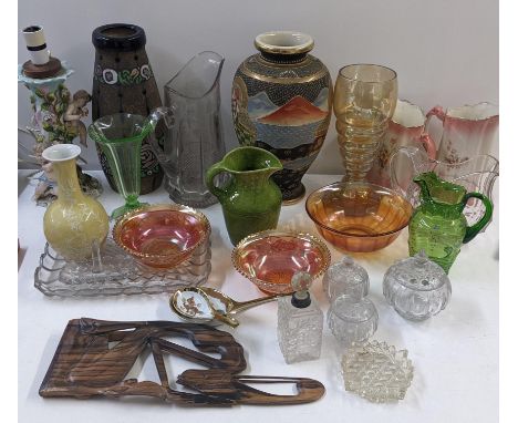 A mixed lot to include a Ewenny green glazed jug, Amphora vase, Chinese famille jaune vase, mixed glassware, Sitzendorf lamp 