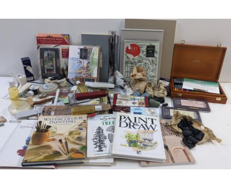 A collection of artist related items and books to include box sets of Derwent pencils, sketch pads and other items, Location: