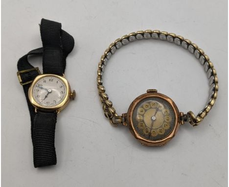 Two 9ct gold ladies manual wind wristwatches to include one on a later expanding bracelet, total weight 31.2g, Location: 