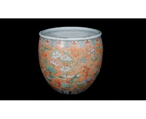 Asian interest, a large 20th century ceramic fish bowl jardiniere decorated with birds and insects amongst flowers, 60cm wide