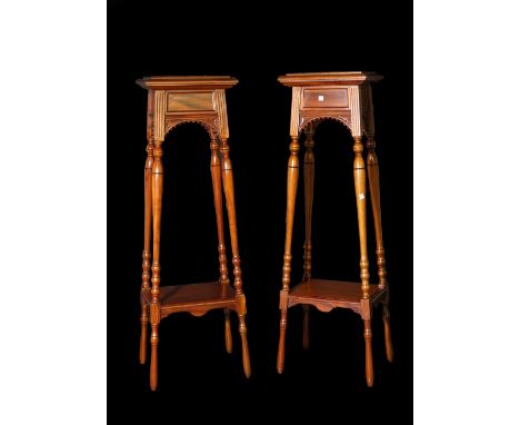 A pair of Victorian style stained beech rectangular jardiniere stands, on bobbin turned supports, 35cm wide x 122cm high.