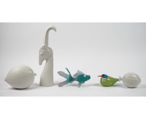 A group of modern decorative ceramic and glass animal models, including; a Daum style model of a clown fish, a Murano style d