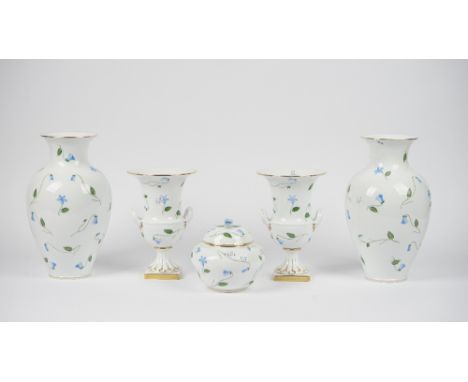 A pair of Herend porcelain 'First Edition' hand painted vases decorated with blue flowers against a gilt white ground, 32.5cm