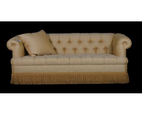 Lewis Mittman, a pair of 20th century gold button upholstered three seater sofas with roll over arms, 210cm wide x 80cm high 