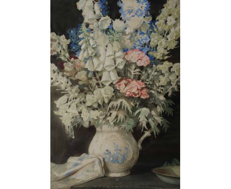 GEORGE SHERINGHAM (1884-1937) Foxgloves in a blue jug, signed, watercolour, 56 x 37cm Exh. Museum and Art Gallery, The Castle