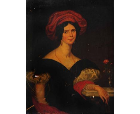 19TH CENTURY ENGLISH SCHOOL Portrait of a lady seated wearing a red bonnet, her left arm resting upon a ledge, oil on canvas,