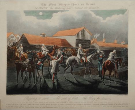 JOHN HARRIS AFTER HENRY ALKEN 'The First Steeple Chase on Record', Plate I - IV, aquatint engraving, hand-coloured, 36 x 42cm