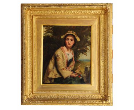 B * G * HEAD (fl. 1867-1888) Portrait of a young lady seated upon a stile wearing a flower trimmed bonnet and similarly decor