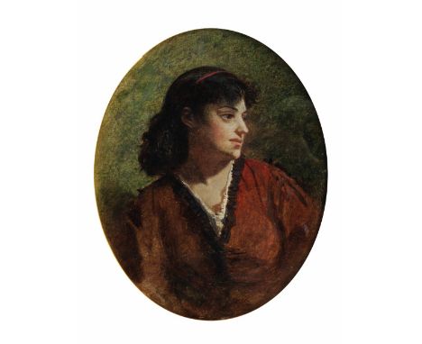 19TH CENTURY SPANISH SCHOOL Portrait of a gypsy girl, inscribed ? 'Jowrier' verso, oil on board, 7 x 14cm oval