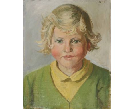 LAWRENCE TOYNBEE (1922-2002) Head and shoulders portrait of a young girl with wavy hair wearing a yellow shirt and green jack