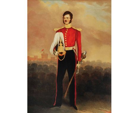 19TH CENTURY ENGLISH SCHOOL Full length portrait of a British Army Officer with Windsor in the distance, oil on canvas, 59 x 