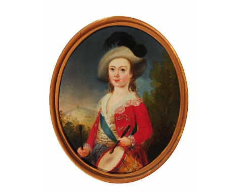 19TH CENTURY ENGLISH SCHOOL Portrait of James C. Pownall (1784-1825), aged 8 years, as a boy drummer in a landscape, oil on m