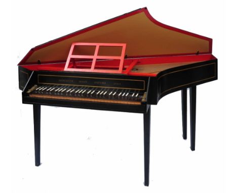 A SPINET by Meredith Moon of Oxford in an ebonised and gilt lined case, the hinged top opening to reveal a pierced roundel ca