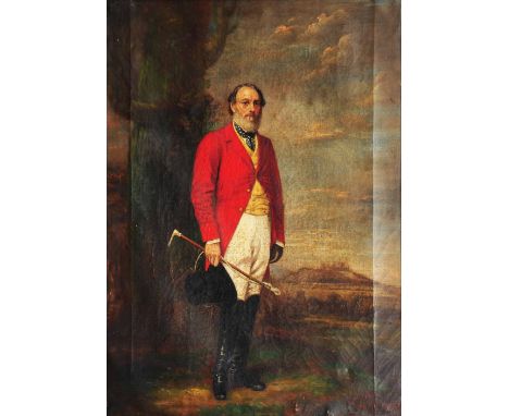 19TH CENTURY ENGLISH SCHOOL Full length portrait of a hunt master holding riding crop and top hat in a landscape with castle 