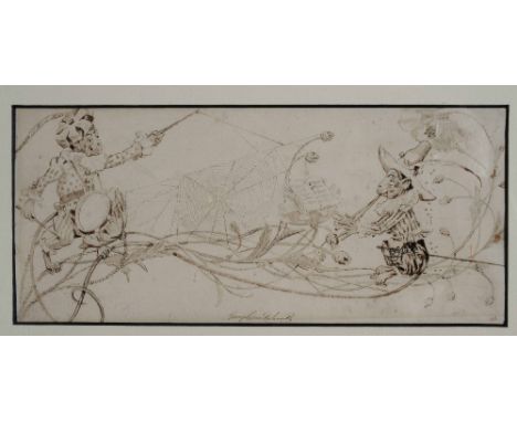 GEORGE CRUICKSHANK (1792-1878) Two monkeys playing music in a tree branch with spiders web, signed, pen, ink and brown wash d