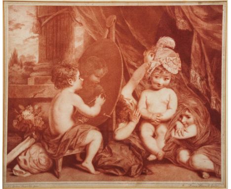 FRANCIS HAWARD AFTER SIR JOSHUA REYNOLDS The portrait session, sepia stipple engraving, 25 x 30.5cm; and four further sepia e