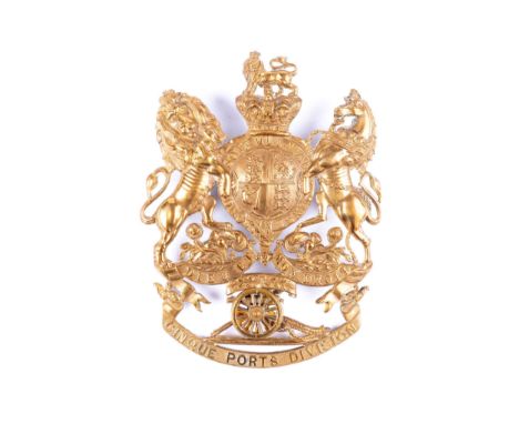 A Victorian officer's helmet plate of the Cinque Ports Division Royal Artillery, GC (no gilt remaining, unicorn's horn missin
