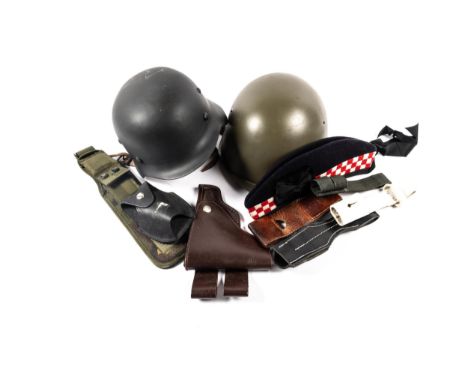 A replica 1943 pattern raw edge German helmet, a modern Russian helmet, an Argyll &amp; Sutherland Highlanders sidecap, 5 bay