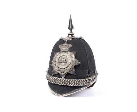 A Victorian officer's blue helmet of the 2nd VB East Lancs Regiment, silver plated mounts, QGC (some moth damage and wear). £