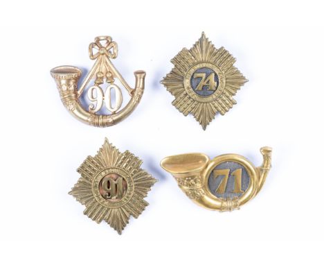 Four pre 1881 brass glengarry badges, of the 71st (Highland Light Infantry), 74th (Highlanders), 90th (Perthshire Volunteer L
