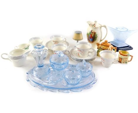 An Art Deco part tea service, moulded glass dressing table set, novelty lighter modelled as a table lamp, etc. 