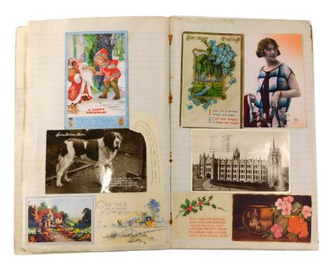 Deltiology. An album containing coloured greetings cards and postcards, hunting scenes, bluebells, and others. (1 album) 