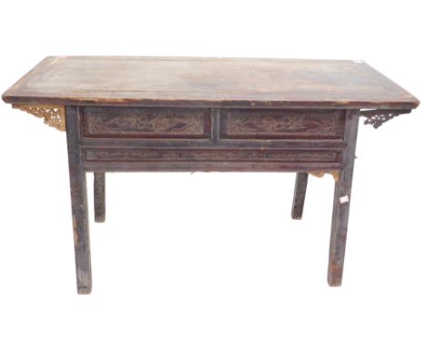 A Chinese red stained altar table, with rectangular planked top above two short drawers, on plain supports, 155cm wide. 