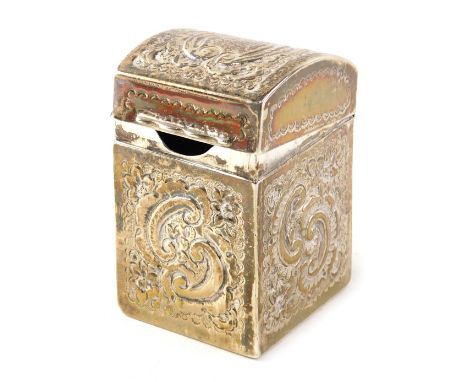 An Edwardian silver miniature playing card box, with domed hinged lid, repousse, scroll and flower head decoration, 5.5cm hig