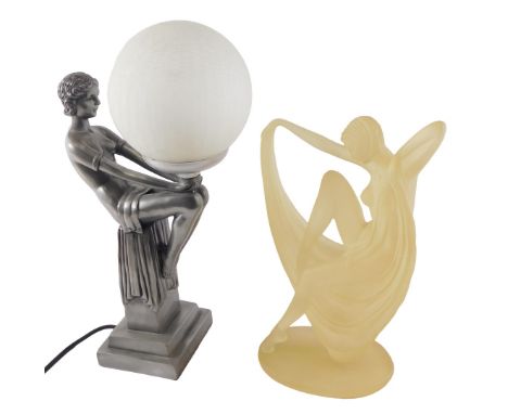 An Art Deco style silvered resin table lamp, modelled in the form of a lady holding the opaque shade, 41cm high, and an Art D