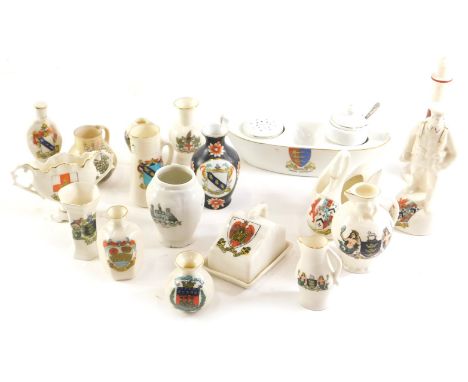 A quantity of crested china, to include WWI soldier, a light house, a boat shaped cruet, etc. 